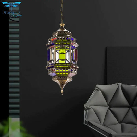 3 - Bulb Hanging Lighting Art Deco Castle Shape Colorful Glass Chandelier Pendant Lamp In Brass