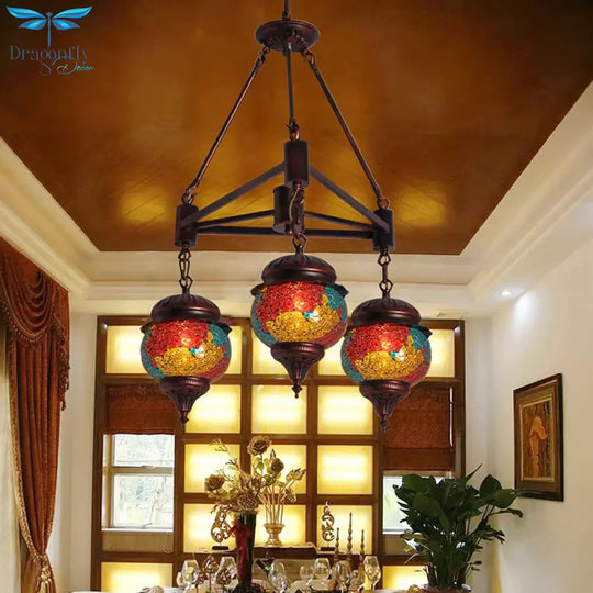 3 Bulbs Ball Chandelier Pendant Lighting Traditional Red - Yellow - Blue Glass Hanging Lamp Kit For