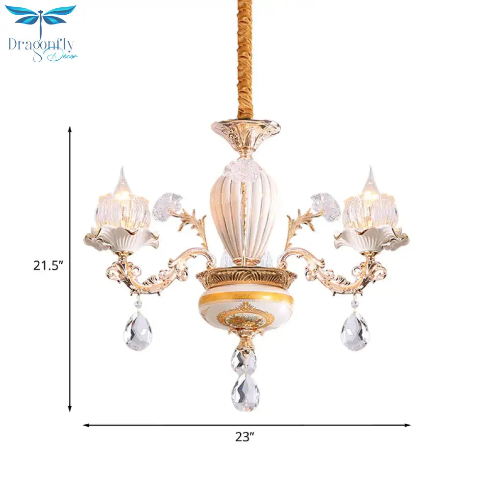 3 Bulbs Ceiling Chandelier Postmodern Flower Buds Crystal Hanging Light With Ceramic Accent Gold