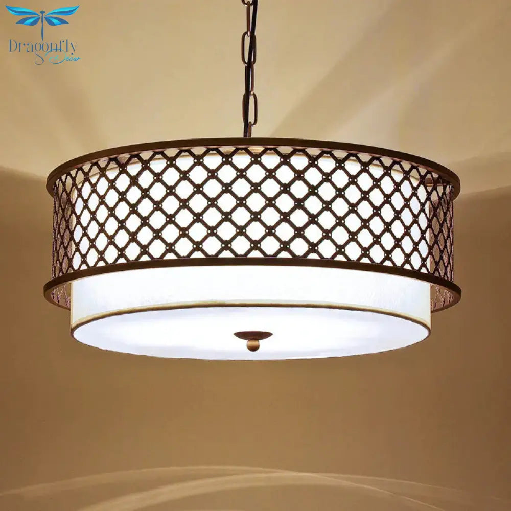 3 Bulbs Chandelier Lamp Rustic Living Room Metallic Pendant Light Kit With Drum Fabric Shade In