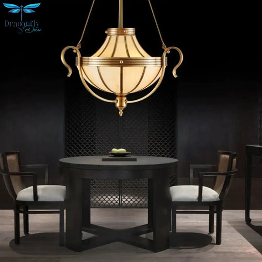 3 Bulbs Jar Ceiling Chandelier Rustic Opal Frosted Glass Suspended Lighting Fixture In Brass