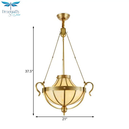 3 Bulbs Jar Ceiling Chandelier Rustic Opal Frosted Glass Suspended Lighting Fixture In Brass