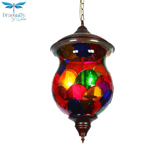 3 Bulbs Red Glass Chandelier Vintage Copper Urn Shape Bathroom Pendant Lighting Fixture