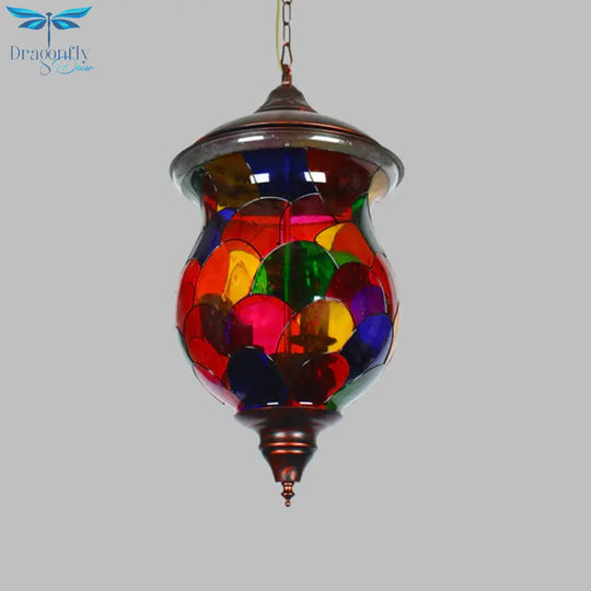3 Bulbs Red Glass Chandelier Vintage Copper Urn Shape Bathroom Pendant Lighting Fixture