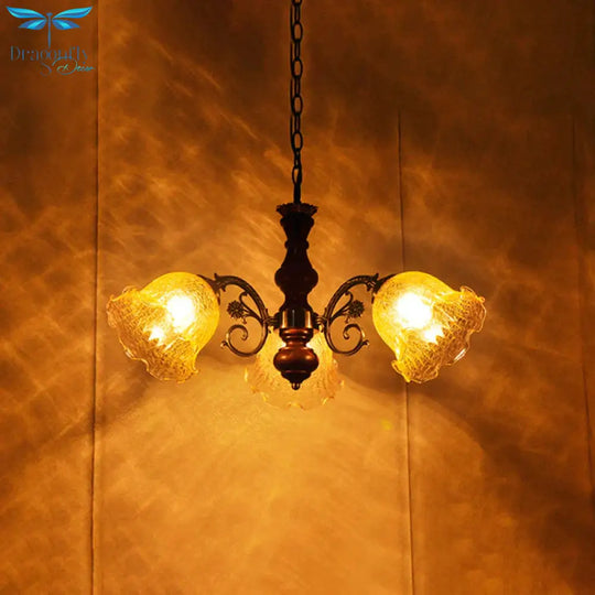 3 Heads Chandelier Light Fixture Pastoral Style Ruffled Clear Glass Hanging Pendant In Red Brown