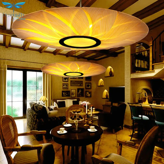 3 Heads Flat Chandelier Lighting Chinese Wood Ceiling Suspension Lamp In Beige