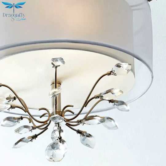 3 Heads Leaf Crystal Hanging Lamp Kit Modernism Silver Drum Living Room Chandelier Light