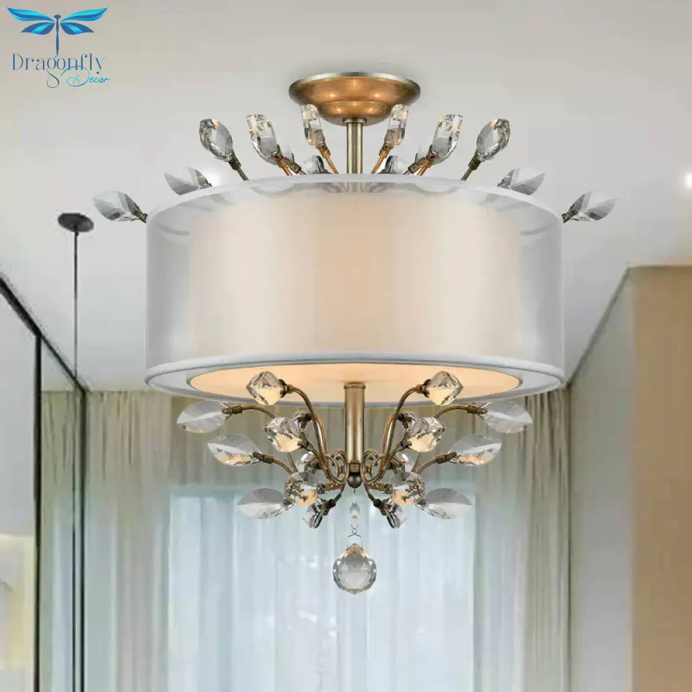 3 Heads Leaf Crystal Hanging Lamp Kit Modernism Silver Drum Living Room Chandelier Light