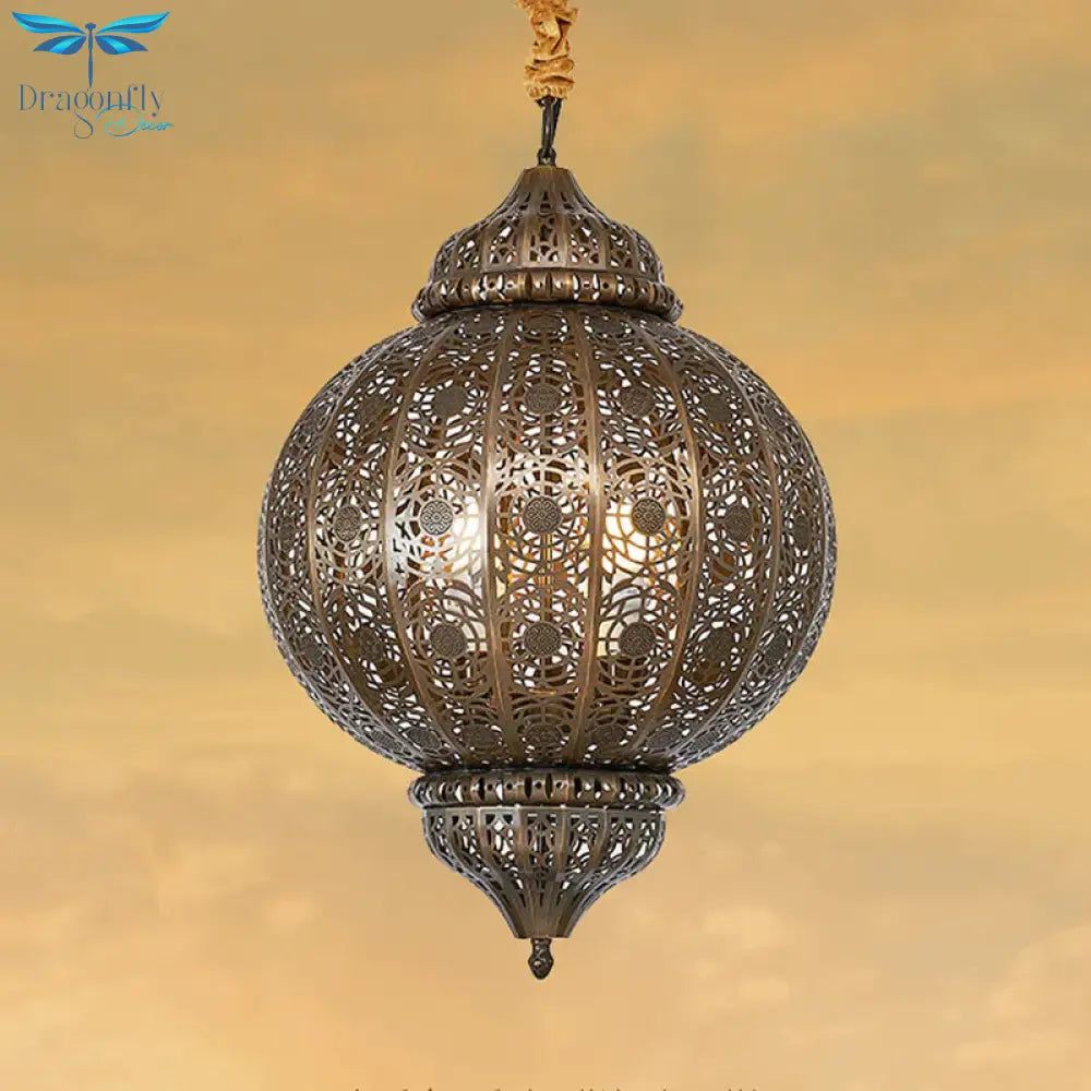 3 Heads Metal Suspension Light Country Bronze Finish Etched Sphere Corridor Chandelier