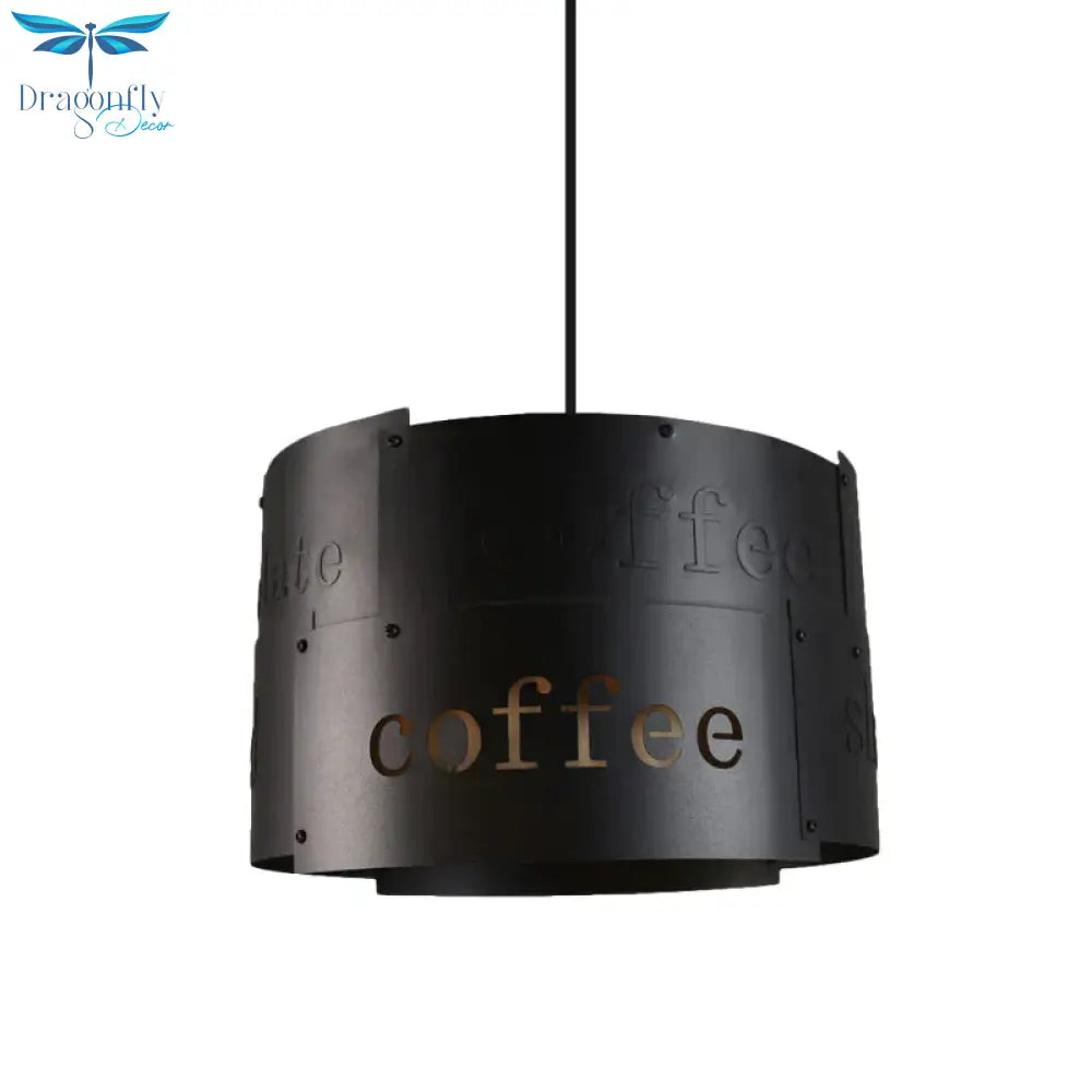 3 - Light Chandelier Warehouse Script Printing Drum Iron Drop Lamp In Black With Splice Design And