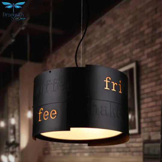 3 - Light Chandelier Warehouse Script Printing Drum Iron Drop Lamp In Black With Splice Design And