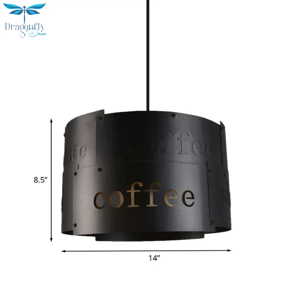 3 - Light Chandelier Warehouse Script Printing Drum Iron Drop Lamp In Black With Splice Design And