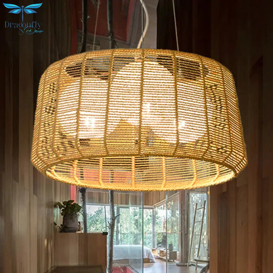 3 - Light Guest Room Ceiling Chandelier Chinese Beige Pendant Light With Drum Bamboo Cage