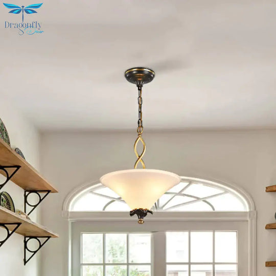 3 - Light Pendulum Light Country Dining Room Chandelier Lamp Fixture With Cone White Glass Shade
