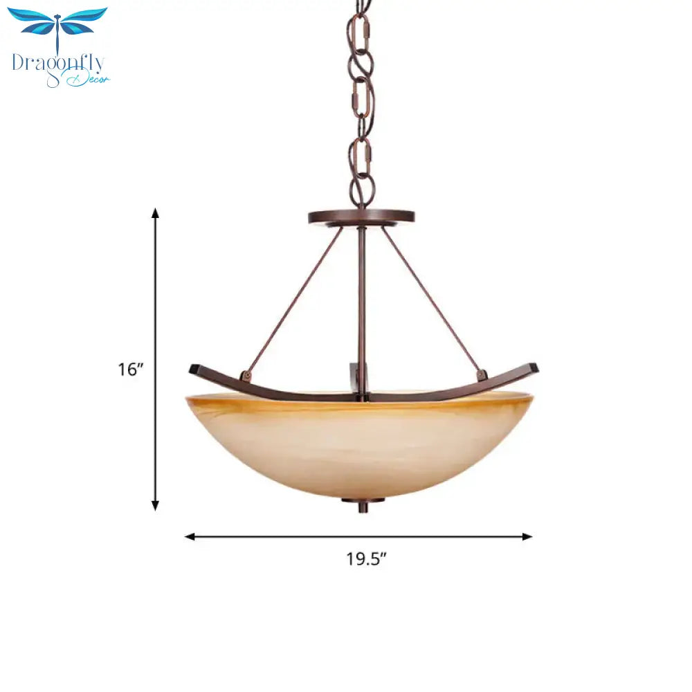 3 Lights Bowl Chandelier Light Traditional Beige Glass Suspension Lighting For Corridor