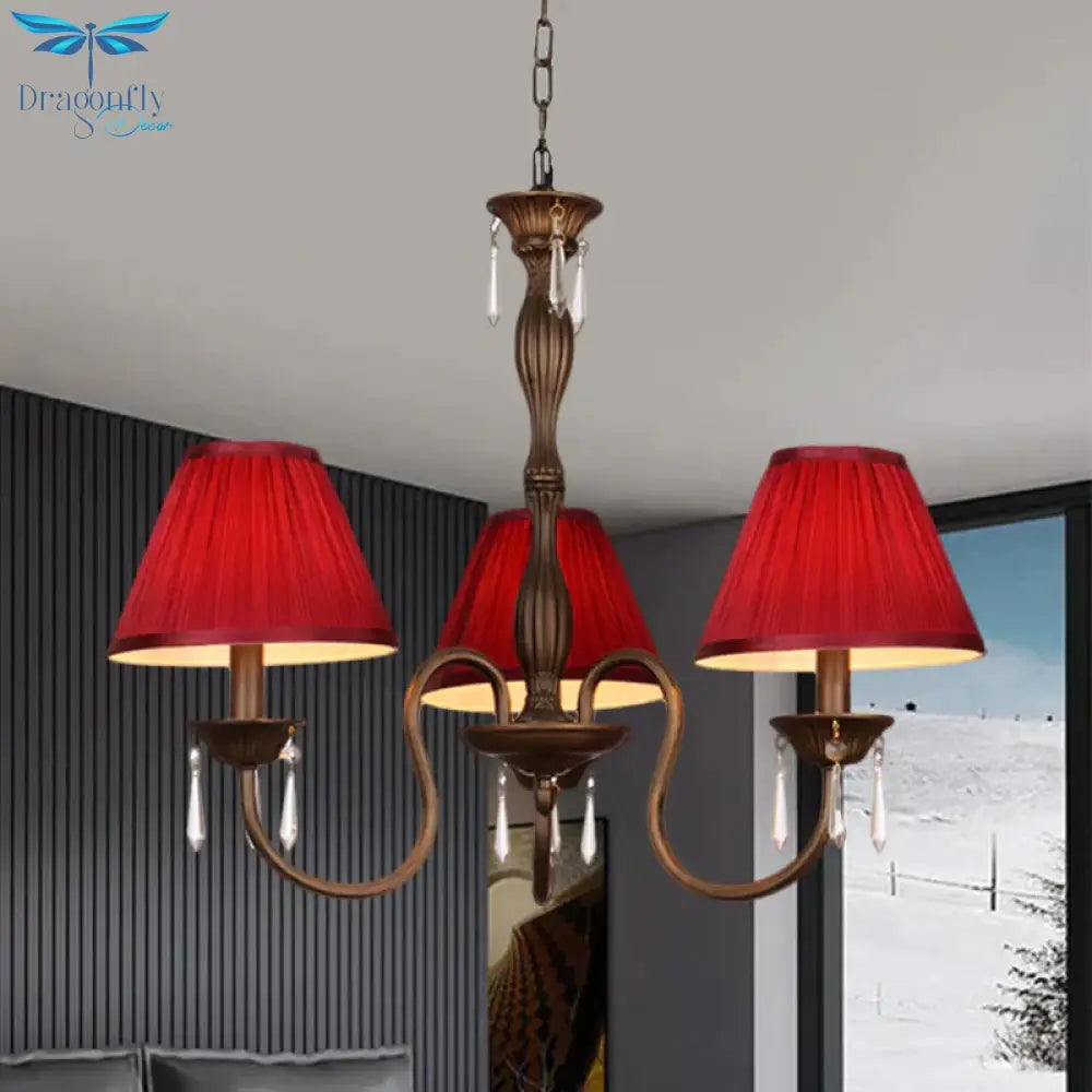 3 Lights Ceiling Lamp With Tapered Fabric Shade Traditional Bedroom Chandelier Pendant Light In