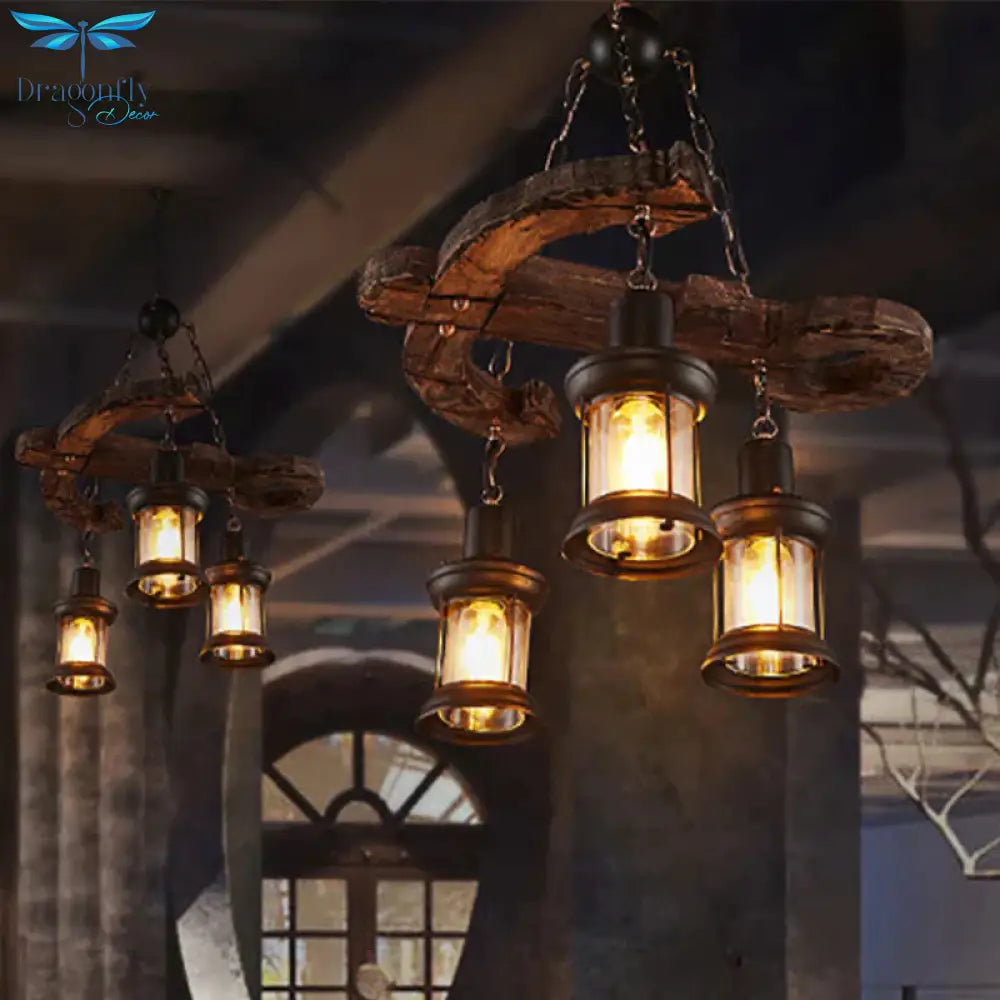 3 Lights Ceiling Light Fixture Coastal Kerosene Clear Glass Pendant Chandelier In Black With Wooden