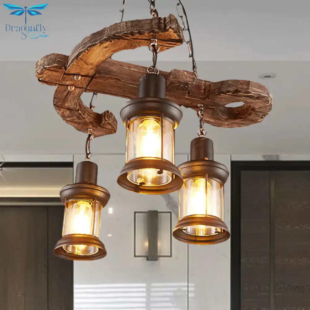 3 Lights Ceiling Light Fixture Coastal Kerosene Clear Glass Pendant Chandelier In Black With Wooden