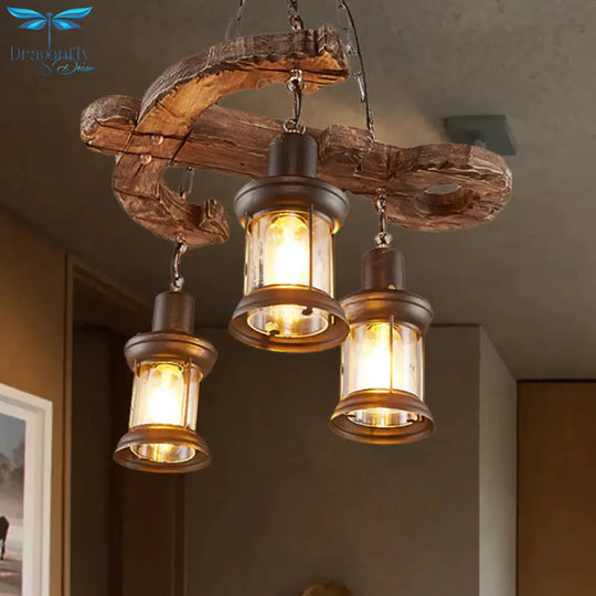 3 Lights Ceiling Light Fixture Coastal Kerosene Clear Glass Pendant Chandelier In Black With Wooden