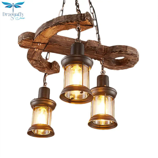 3 Lights Ceiling Light Fixture Coastal Kerosene Clear Glass Pendant Chandelier In Black With Wooden