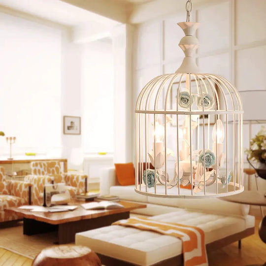 3 Lights Chandelier Light Rustic Birdcage Metal Hanging Ceiling With Blue/Pink Flower Decoration