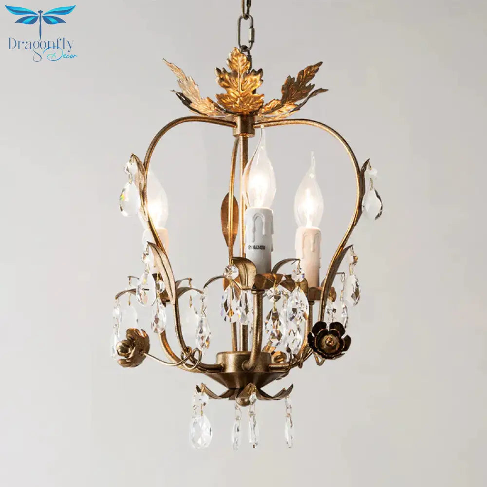 3 Lights Chandelier Pendant Countryside Inverted Pear Frame Crystal Hanging Lamp In Antiqued Brass