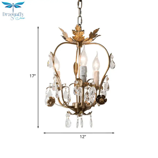 3 Lights Chandelier Pendant Countryside Inverted Pear Frame Crystal Hanging Lamp In Antiqued Brass