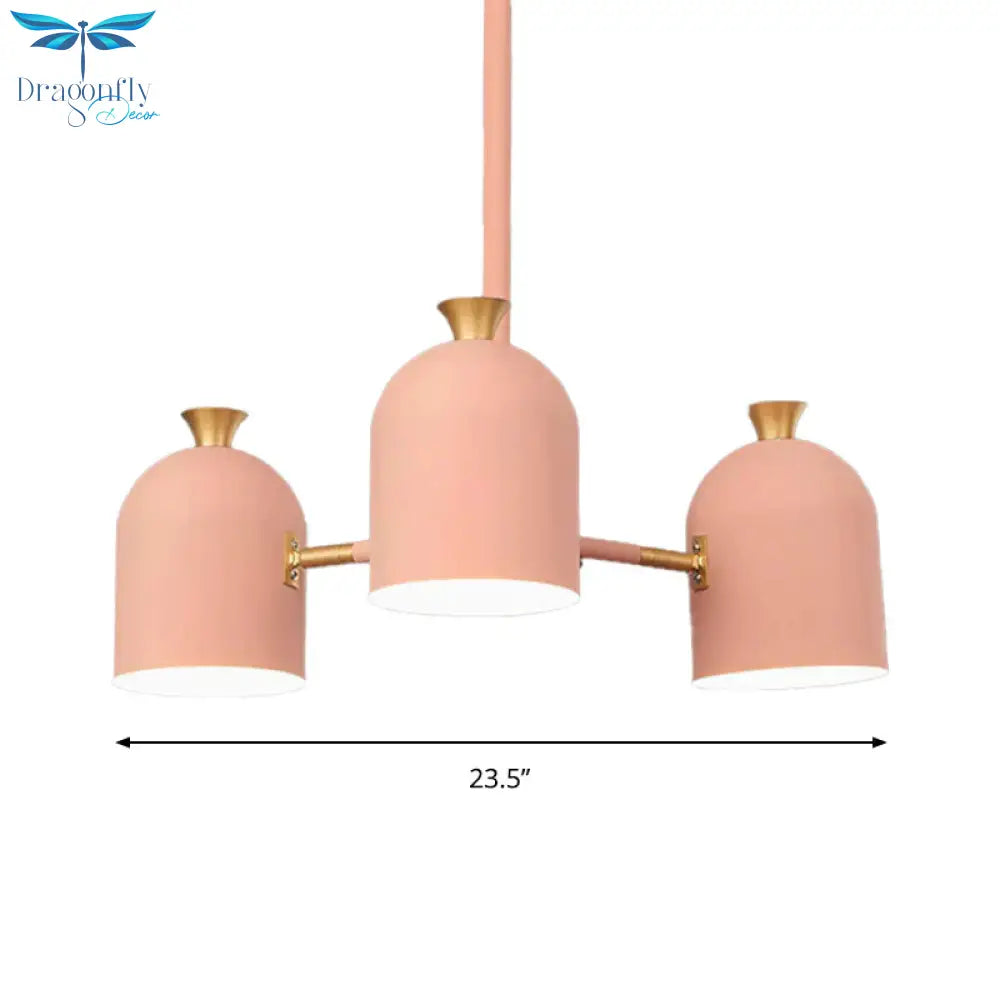 3 Lights Cup Hanging Light Macaron Style Metal Chandelier In Pink For Girls Bedroom