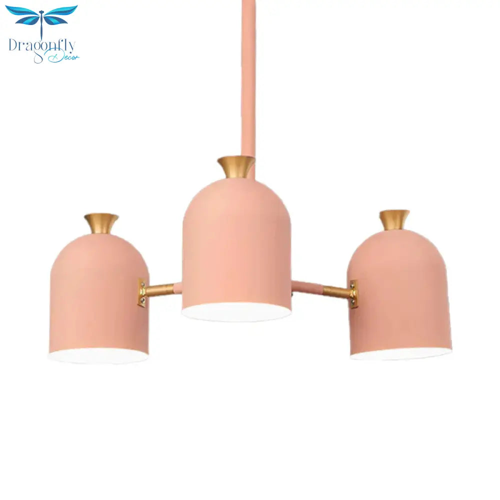 3 Lights Cup Hanging Light Macaron Style Metal Chandelier In Pink For Girls Bedroom