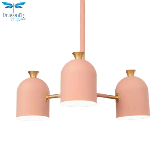 3 Lights Cup Hanging Light Macaron Style Metal Chandelier In Pink For Girls Bedroom