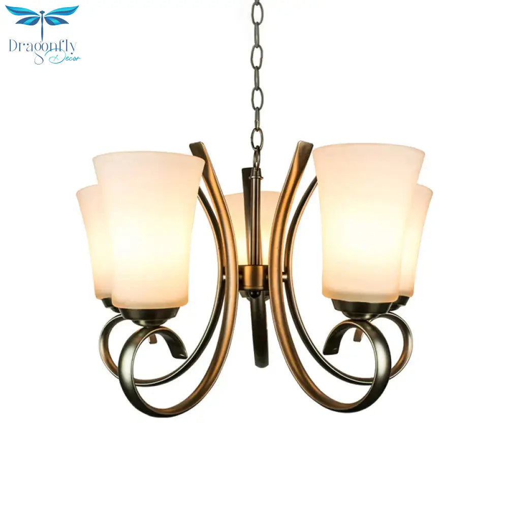 3 Lights Curving Hanging Lamp Vintage Brass Frosted Glass Chandelier Pendant Light For Restaurant