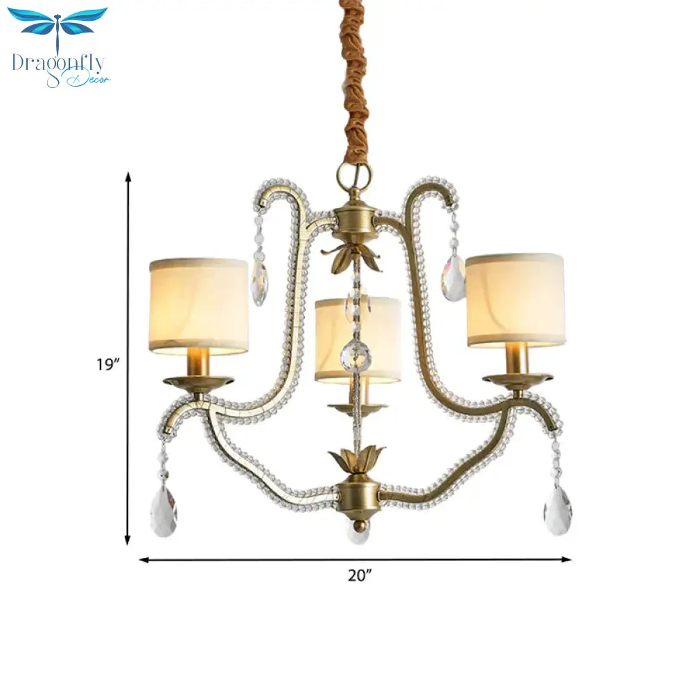 3 Lights Hanging Chandelier Post Modern Frame Crystal Bead Pendant Ceiling Lamp With Fabric Shade