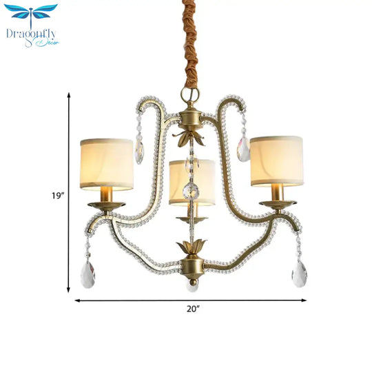 3 Lights Hanging Chandelier Post Modern Frame Crystal Bead Pendant Ceiling Lamp With Fabric Shade