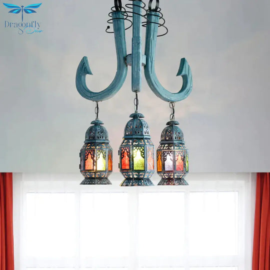 3 Lights Lantern Pendant Chandelier Mediterranean Blue Metal Hanging Lamp With Wooden Hook Rod