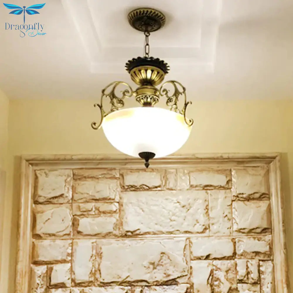 3 Lights Pendant Chandelier Country Bowl - Like Milk Glass Pendulum Lighting With Branch Decor In