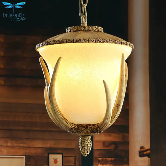 3 Lights Resin Hanging Lamp Country White Cup Shaped Restaurant Cluster Pendant With Elk Pattern