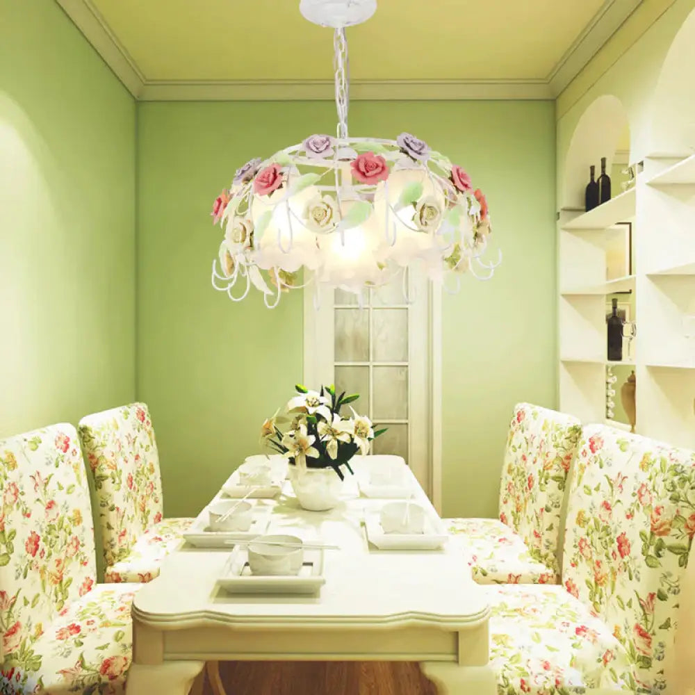 3 Lights Suspension Pendant Countryside Flower White Glass Hanging Chandelier With Bird Nest Cage