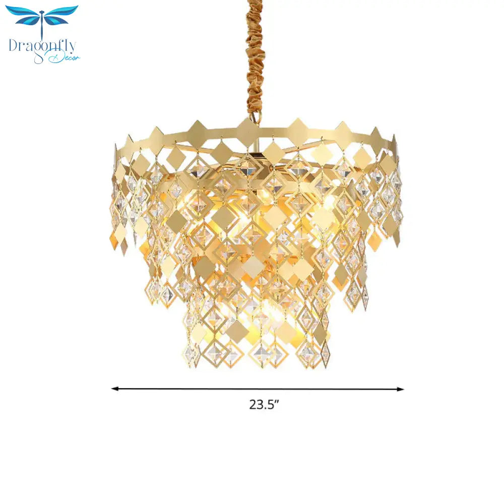 3 Tiers Dining Room Chandelier Light K9 Crystal 6 Heads Postmodern Pendant Fixture In Gold