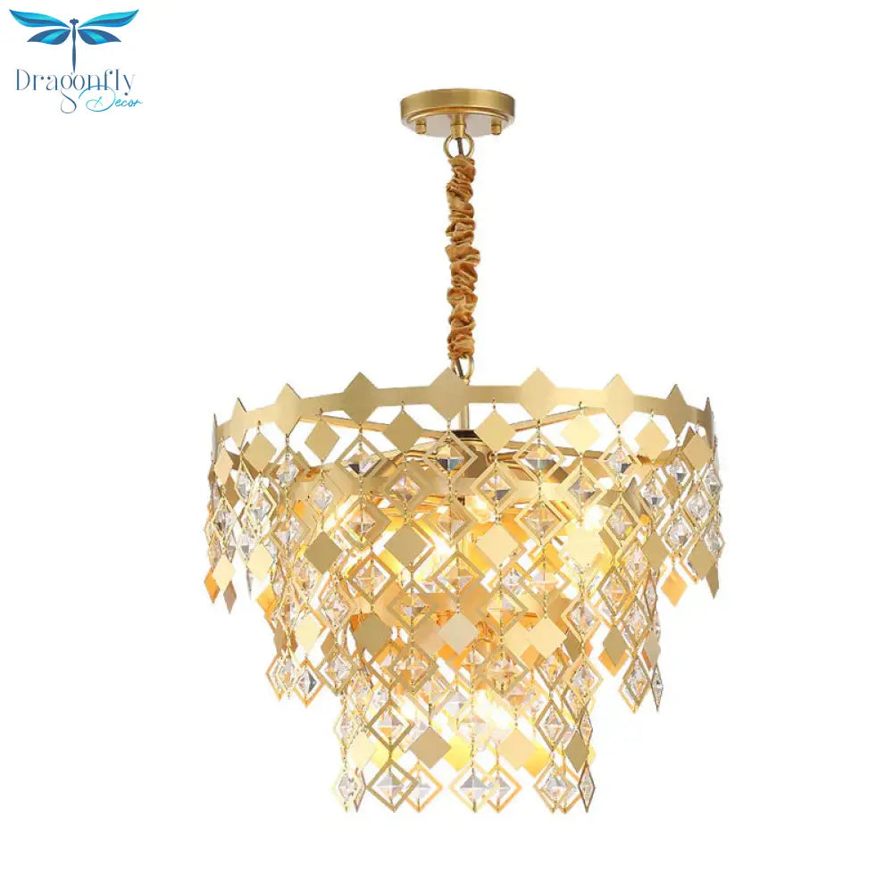 3 Tiers Dining Room Chandelier Light K9 Crystal 6 Heads Postmodern Pendant Fixture In Gold