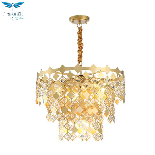 3 Tiers Dining Room Chandelier Light K9 Crystal 6 Heads Postmodern Pendant Fixture In Gold