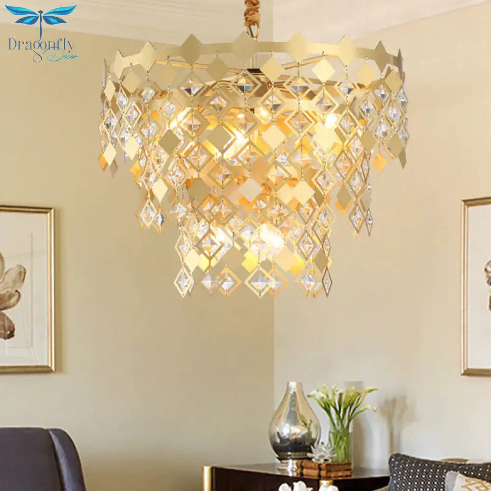 3 Tiers Dining Room Chandelier Light K9 Crystal 6 Heads Postmodern Pendant Fixture In Gold