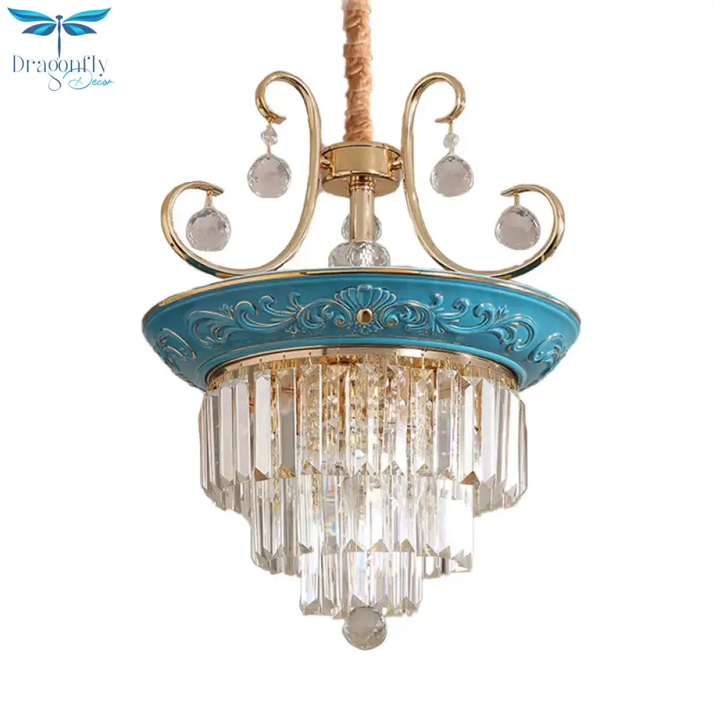 3 Tiers Tri - Sided Crystal Rod Chandelier Light Simple Style 3/5 Heads Blue Ceiling Fixture