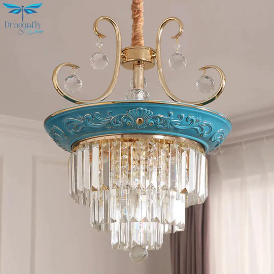 3 Tiers Tri - Sided Crystal Rod Chandelier Light Simple Style 3/5 Heads Blue Ceiling Fixture