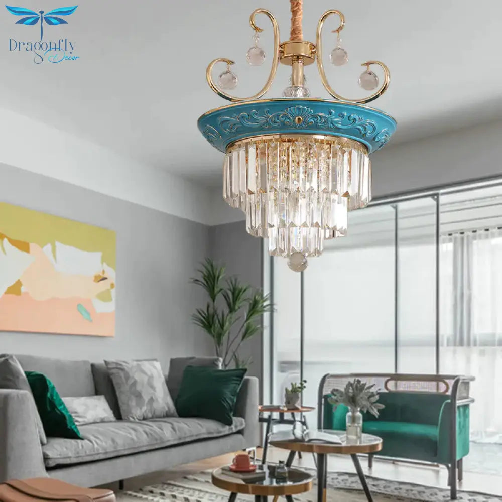 3 Tiers Tri - Sided Crystal Rod Chandelier Light Simple Style 3/5 Heads Blue Ceiling Fixture