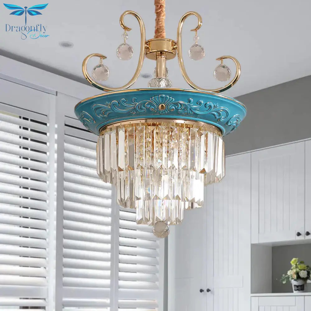 3 Tiers Tri - Sided Crystal Rod Chandelier Light Simple Style 3/5 Heads Blue Ceiling Fixture