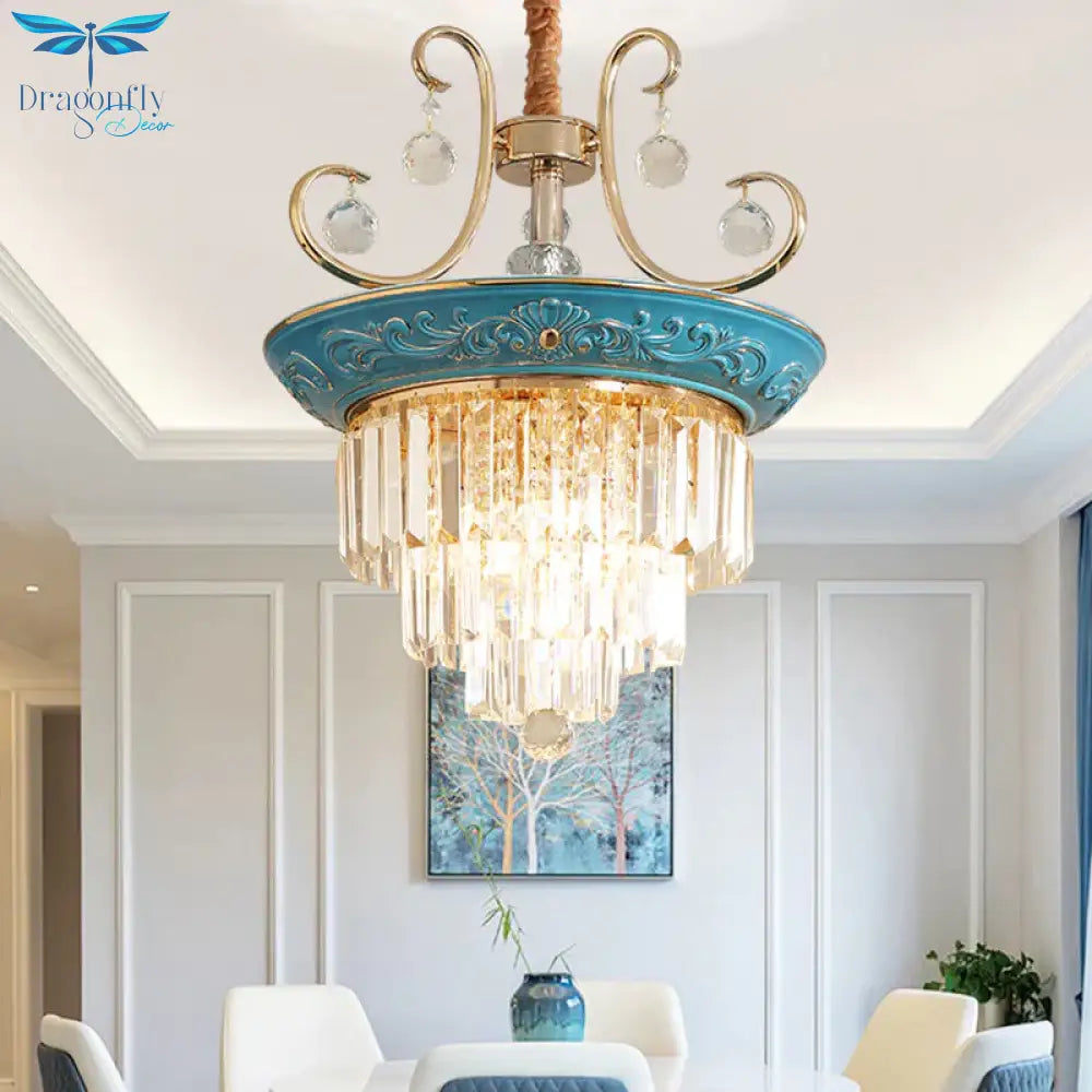 3 Tiers Tri - Sided Crystal Rod Chandelier Light Simple Style 3/5 Heads Blue Ceiling Fixture