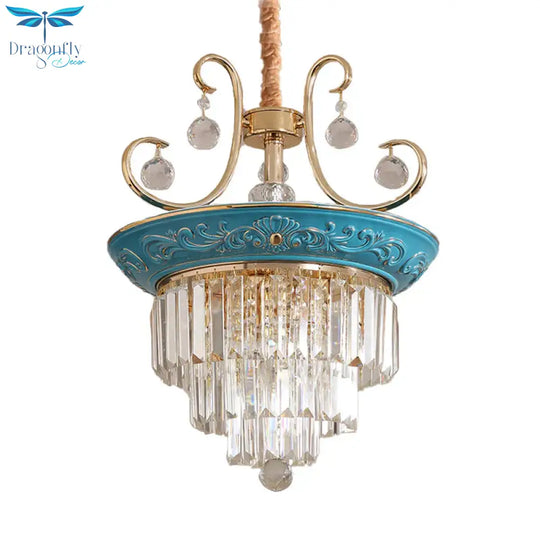 3 Tiers Tri - Sided Crystal Rod Chandelier Light Simple Style 3/5 Heads Blue Ceiling Fixture