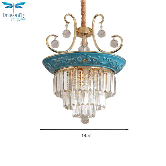 3 Tiers Tri - Sided Crystal Rod Chandelier Light Simple Style 3/5 Heads Blue Ceiling Fixture
