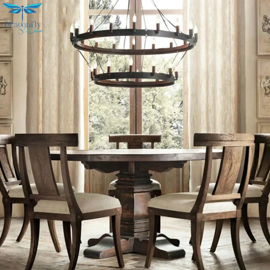 30 Lights Candle Style Hanging Lamp Kit Countryside Black Metal Chandelier Lighting With Round Ring