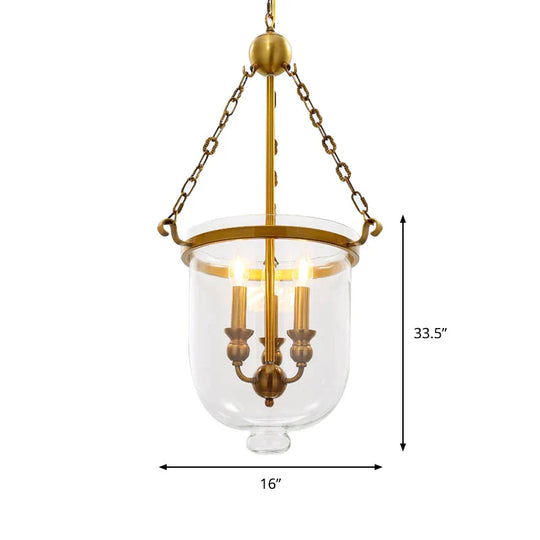 Modern Hanging 3 Bulbs Pendant Light Gold Down Lighting With Bell Clear Glass Shade